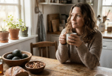 moteris sėdi prie stalo virtuvėje ir laiko puodelį arbatos