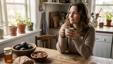 moteris sėdi prie stalo virtuvėje ir laiko puodelį arbatos