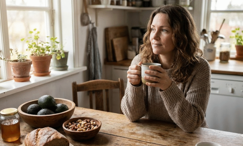 moteris sėdi prie stalo virtuvėje ir laiko puodelį arbatos