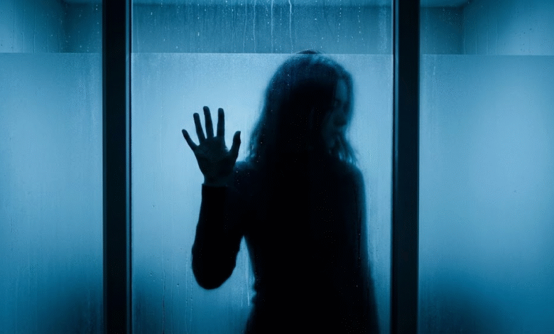 moteris stovi už stiklinės sienos