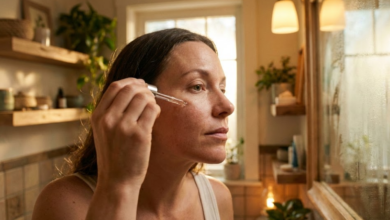 moteris turinti aknę tepa serumą ant žando