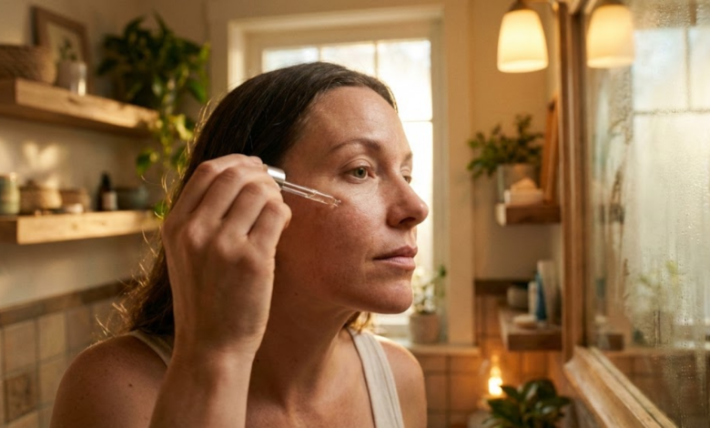 moteris turinti aknę tepa serumą ant žando