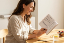 moteris sėdi prie stalo ir laiko savo planų užrašinę