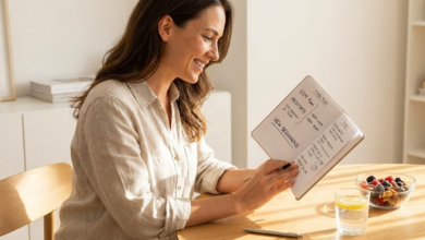 moteris sėdi prie stalo ir laiko savo planų užrašinę