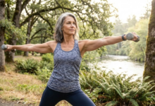 penkiasdešimtmetė moteris sportuoja gamtoje