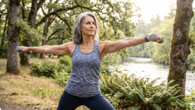 penkiasdešimtmetė moteris sportuoja gamtoje