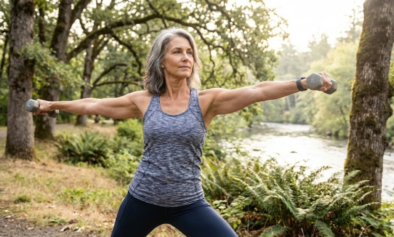 penkiasdešimtmetė moteris sportuoja gamtoje