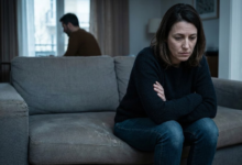 Moteris, sėdinti ant sofos krašto, nusisukusi nuo fone matomo vyro.