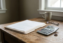 ant stalo dokumentai, skaičiuotuvas ir vestuvinis žiedas