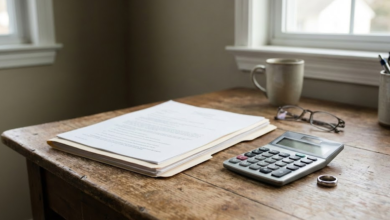 ant stalo dokumentai, skaičiuotuvas ir vestuvinis žiedas