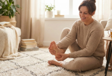 moteris abiem rankom laiko savo pėdą