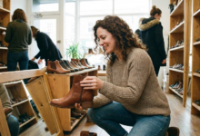 moteris parduotuvėje renkasi batus