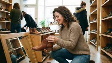 moteris parduotuvėje renkasi batus