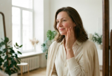 moteris prieš veidrodį švelniai liečia ranka savo žando odą