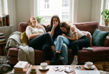 trys moterys kvatojasi ant sofos