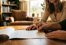 vyras pasirašo vedybinę sutartį, moteris sėdi šalia