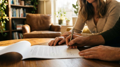 vyras pasirašo vedybinę sutartį, moteris sėdi šalia