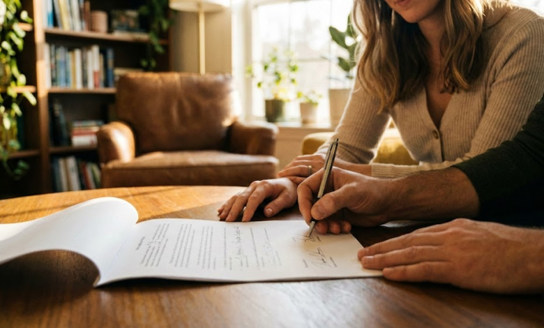 vyras pasirašo vedybinę sutartį, moteris sėdi šalia