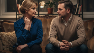 45 metų moteris ir vyras sėdi jaukioje, bet prietemoje skendinčioje svetainėje