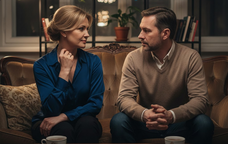 45 metų moteris ir vyras sėdi jaukioje, bet prietemoje skendinčioje svetainėje