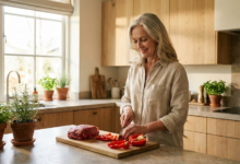 Brandi, elegantiška moteris stilingoje virtuvėje, švelniai besišypsanti ir ruošianti maistą