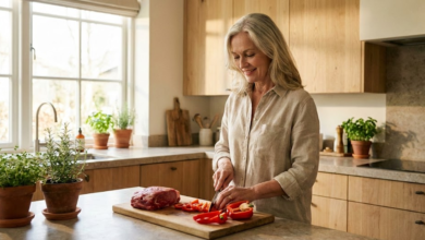 Brandi, elegantiška moteris stilingoje virtuvėje, švelniai besišypsanti ir ruošianti maistą