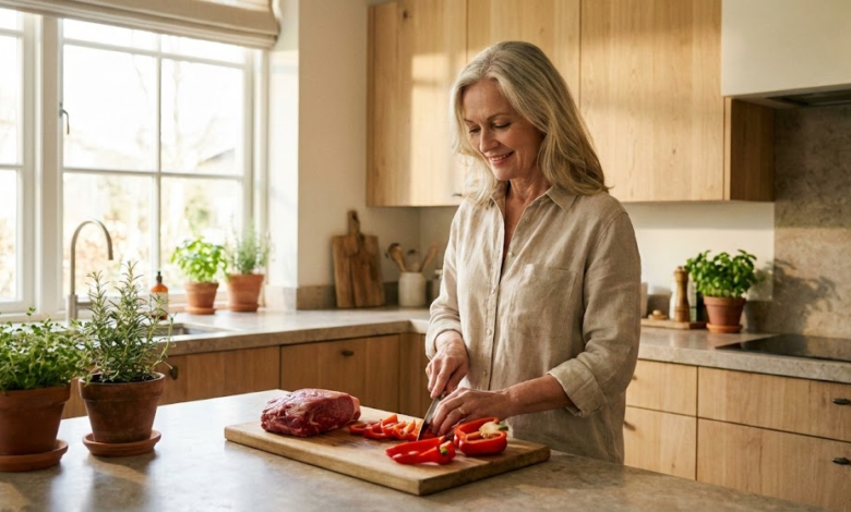 Brandi, elegantiška moteris stilingoje virtuvėje, švelniai besišypsanti ir ruošianti maistą