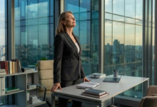 Brandi, elegantiška moteris su nepriekaištingu verslo kostiumėliu stovi šalia modernaus biuro stalo dangoraižyje