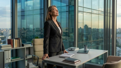 Brandi, elegantiška moteris su nepriekaištingu verslo kostiumėliu stovi šalia modernaus biuro stalo dangoraižyje