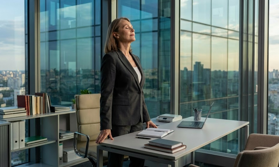 Brandi, elegantiška moteris su nepriekaištingu verslo kostiumėliu stovi šalia modernaus biuro stalo dangoraižyje