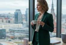 Elegantiška, brandi moteris (apie 45 m.) moderniame biure, vilkinti stilingą švarką