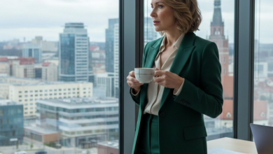 Elegantiška, brandi moteris (apie 45 m.) moderniame biure, vilkinti stilingą švarką