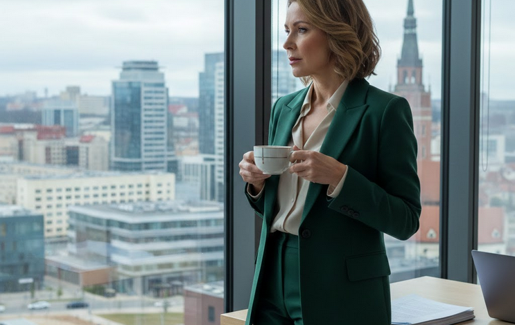 Elegantiška, brandi moteris (apie 45 m.) moderniame biure, vilkinti stilingą švarką