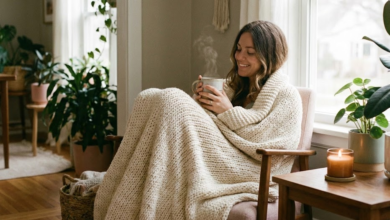 Moteris jaukioje namų aplinkoje, susisupusi į minkštą megztą pledą, atsirėmusi į krėslą prie lango