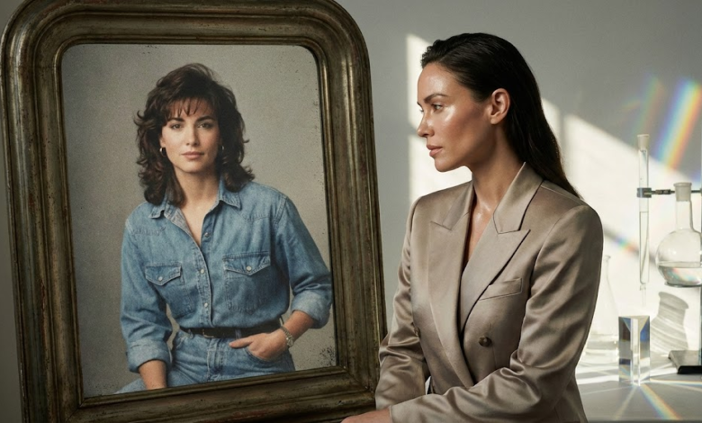 Stilinga 40 metų moteris su tobula, švytinčia oda, žiūrinti į veidrodį. Veidrodyje atsispindi ne jos atvaizdas, o senovinė, kiek „pilkesnė“ nuotrauka moters.