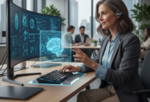 futuristinė nuotrauka, kaip moteris dirba su DI ofise