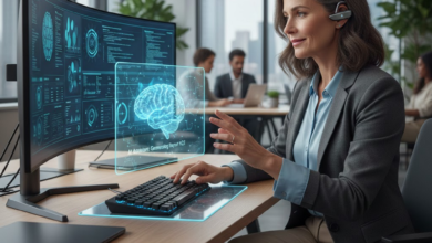 futuristinė nuotrauka, kaip moteris dirba su DI ofise