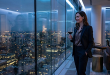 moteris sovi kambaryje su vyno taure ir žiūri per stiklą į miestą