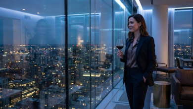 moteris sovi kambaryje su vyno taure ir žiūri per stiklą į miestą