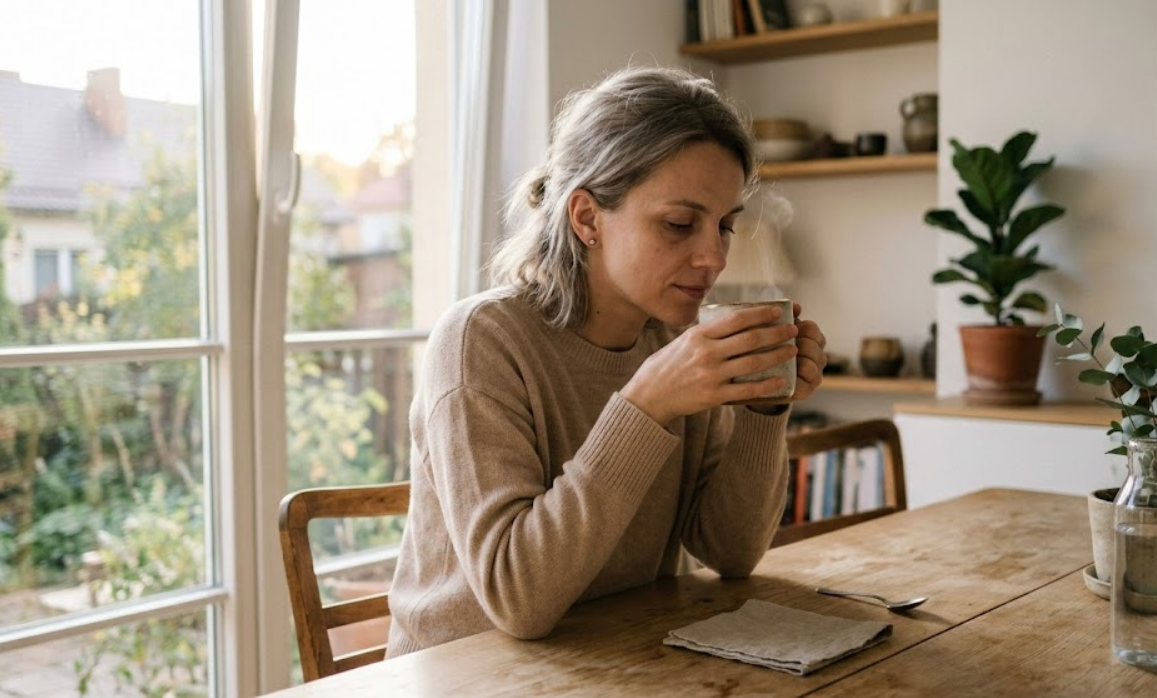 Šiek tiek pavargusi, bet rami moteris geria rytinę arbatą