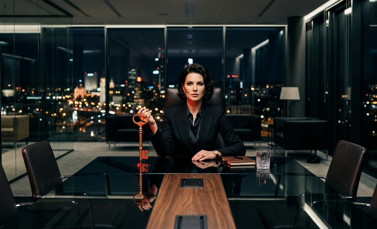 griežto stiliaus juodą kostiumą dėvinti moteris, sėdinti derybų stalo gale