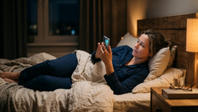 moteris 40 metų vakare guli lovoje ir scrolina telefone