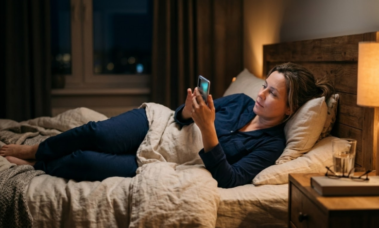 moteris 40 metų vakare guli lovoje ir scrolina telefone