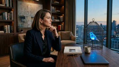 moteris sėdi biure ir i žvelgiapro langą. Šalia jos stovi narvelis su abstrakčia, švytinčia mėlyna paukšte