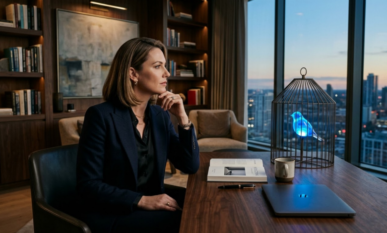 moteris sėdi biure ir i žvelgiapro langą. Šalia jos stovi narvelis su abstrakčia, švytinčia mėlyna paukšte