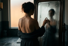 moteris stovi apsinuoginusi prie aprasojusį veidrodį