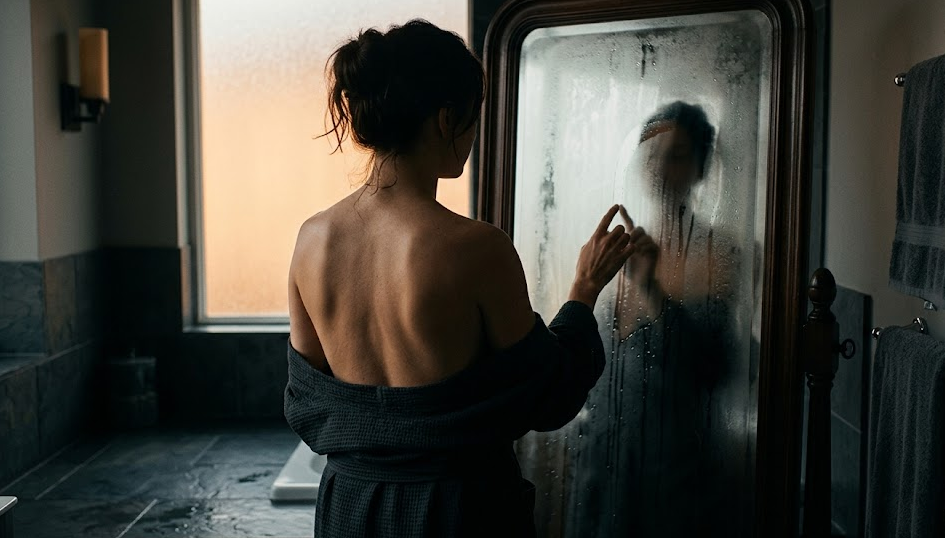 moteris stovi apsinuoginusi prie aprasojusį veidrodį