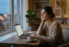 pavargusi 35 metų moteris sėdi minimalistiniame namų biure