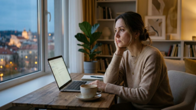 pavargusi 35 metų moteris sėdi minimalistiniame namų biure