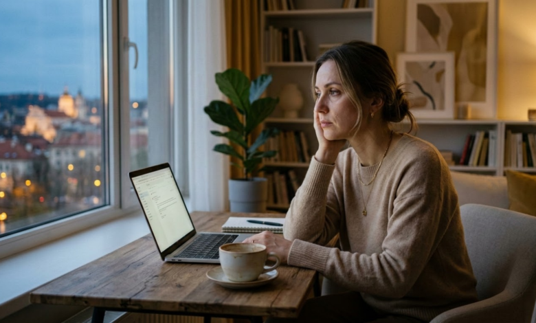 pavargusi 35 metų moteris sėdi minimalistiniame namų biure